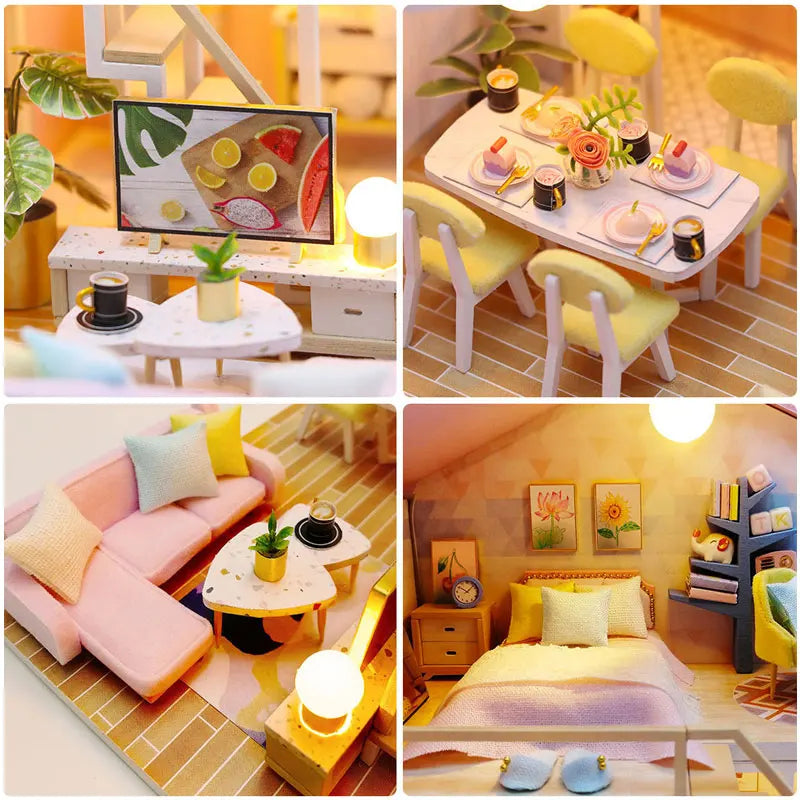 Zuuton Sweet Pink Villa DIY Miniature Doll House Kit with LED Light 3D Wooden Puzzle Building Kit with Furniture Gift Dollhouse
