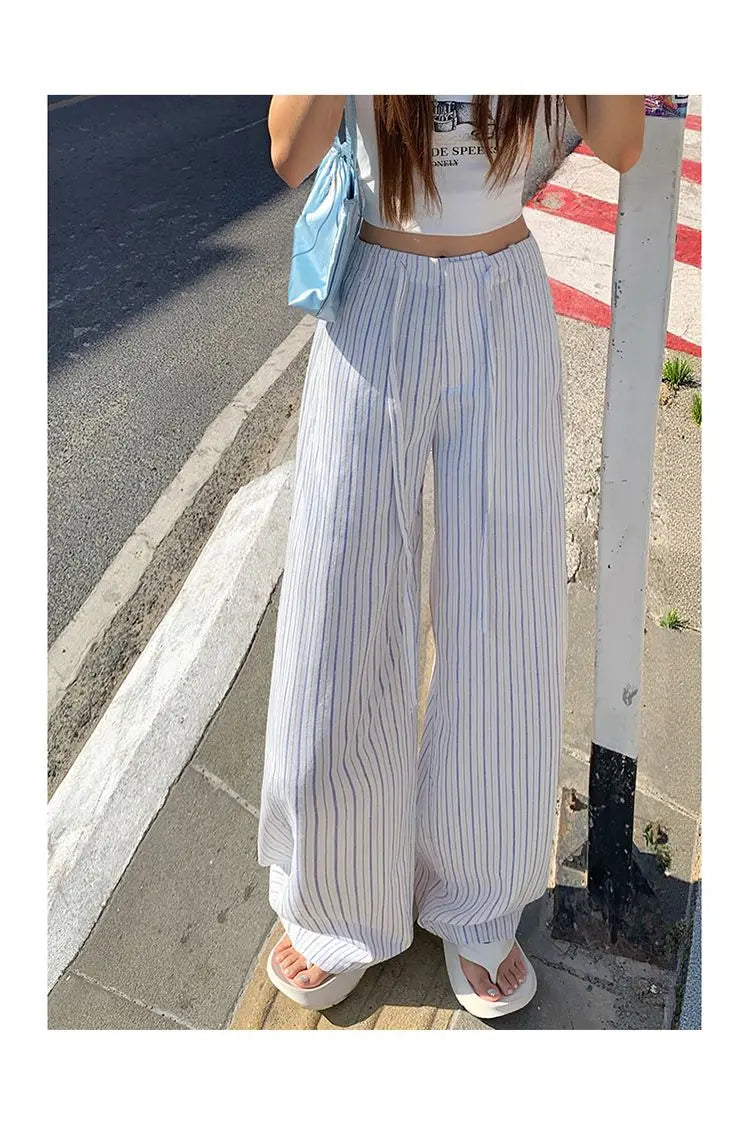 High-waist loose wide-leg pants, spring and summer new drawstring vertical striped versatile straight-leg casual pants for women