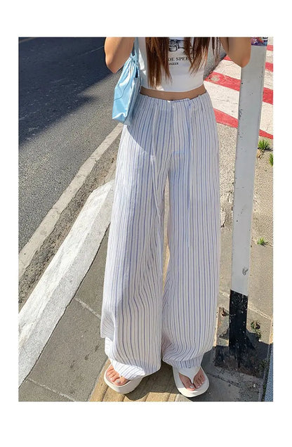 High-waist loose wide-leg pants, spring and summer new drawstring vertical striped versatile straight-leg casual pants for women