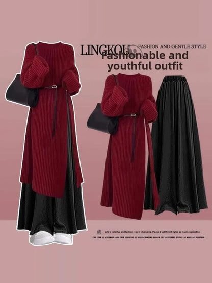 Fall Fashion High Waist Knitted Sweater Long Skirt Wide Leg Pants Two Piece Set Elegant Sweet Style plus Size Women's Suit