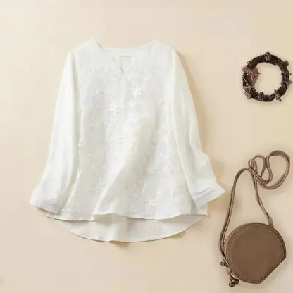 2024 Summer Autumn Hot Blouse Women Lace Long Sleeve Tops V Neck Embroidery Loose Plus Size S-5XL Elegant Shirt Blusas Female