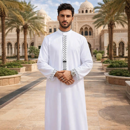 New Men's White Loose-fitting Embroidered Casual Stand-up Collar Style Long Dress Robe Abaya Ramadan Dubai Luxury Islam Elegant