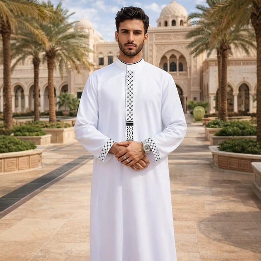 New Men's White Loose-fitting Embroidered Casual Stand-up Collar Style Long Dress Robe Abaya Ramadan Dubai Luxury Islam Elegant