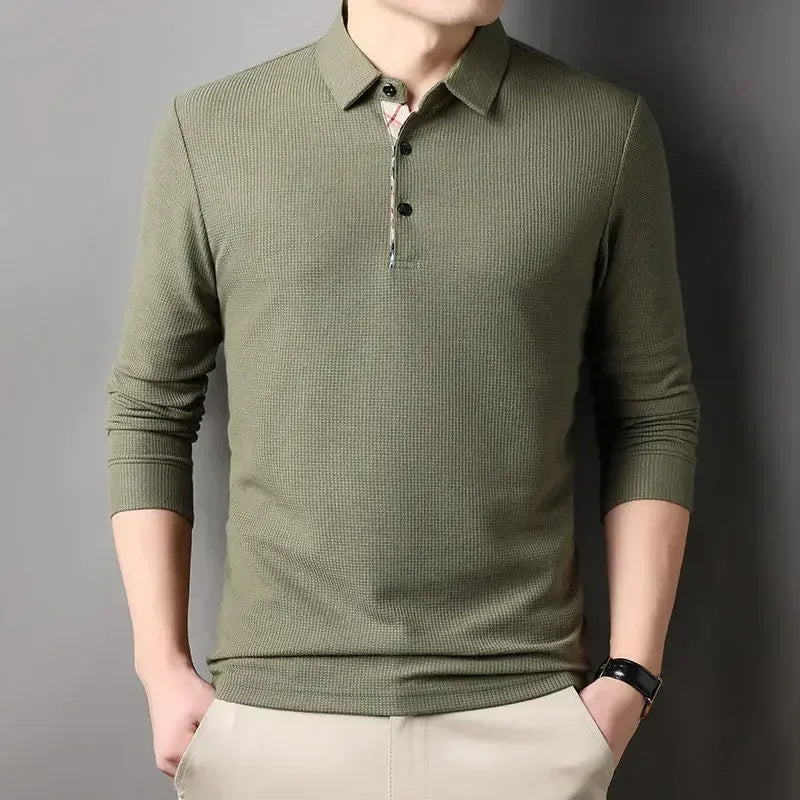 Male Clothes Beige T Polo Shirts for Men Waffle Tops Pullover Y2k High Brand Casual Harajuku Fashion Polyester Long Sleeve F