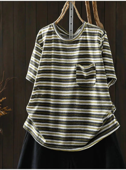 Women Summer Short-sleeve T-shirt 2026 Summer New Stylish Striped Single-pocket Loose T-shirt ZXY154