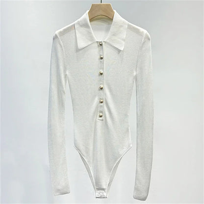 Bodysuit women New elastic slim fit long sleeved top for autumn 2025 Polo collar pullover Metal button decoration T-shirt corset