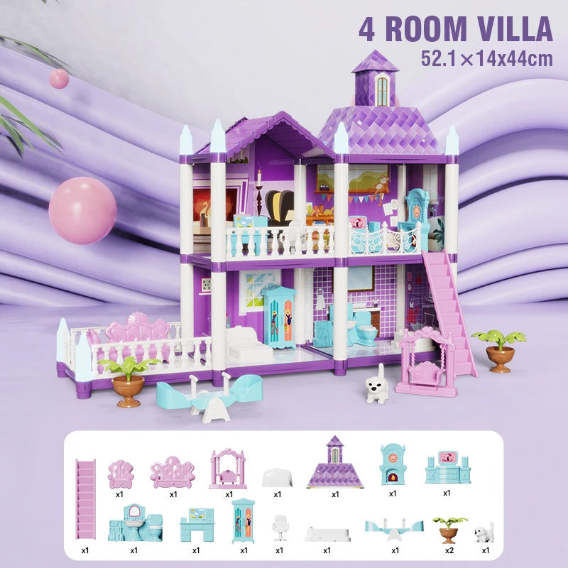 DIY Large Doll House Set Villa Play House Assemble Simulation Furniture Bedroom Kitchen Kids Educational Toys Girl Boys Gifts