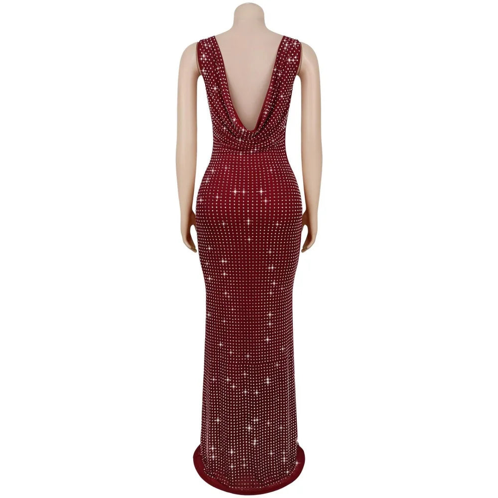 RLMABABY Sexy Swinging Collar Diamond Women Club Bodycon Dress Sleeveless Backless Evening Party Long Prom Dress