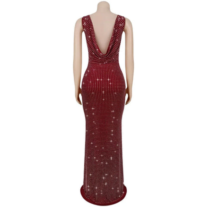 RLMABABY Sexy Swinging Collar Diamond Women Club Bodycon Dress Sleeveless Backless Evening Party Long Prom Dress
