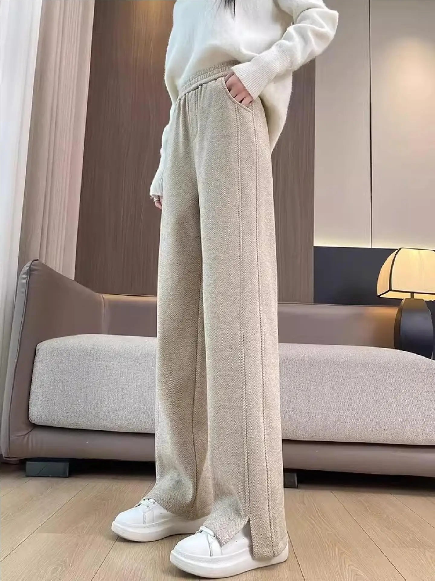 Thickened Woolen Straight Leg Pants Women's High Waist Wide Leg Trousers Autumn Winter Casual Pants Pocket Design Cotton Blend