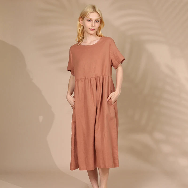 Summer Cotton Linen Women Dresses Vintage Short Sleeve Casual Loose Back Bandage Harajuku Party Club Dress With Pockets