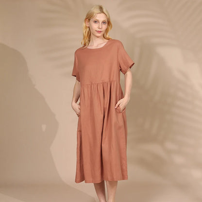 Summer Cotton Linen Women Dresses Vintage Short Sleeve Casual Loose Back Bandage Harajuku Party Club Dress With Pockets