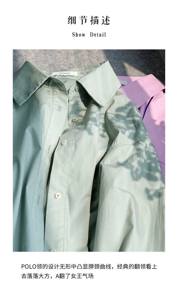 100% Cotton Loose Solid Color Basic Shirt For Women Spring 2026 Elegant Office Ladies Lapel Collared Cardigan Long-Sleeve Shirts