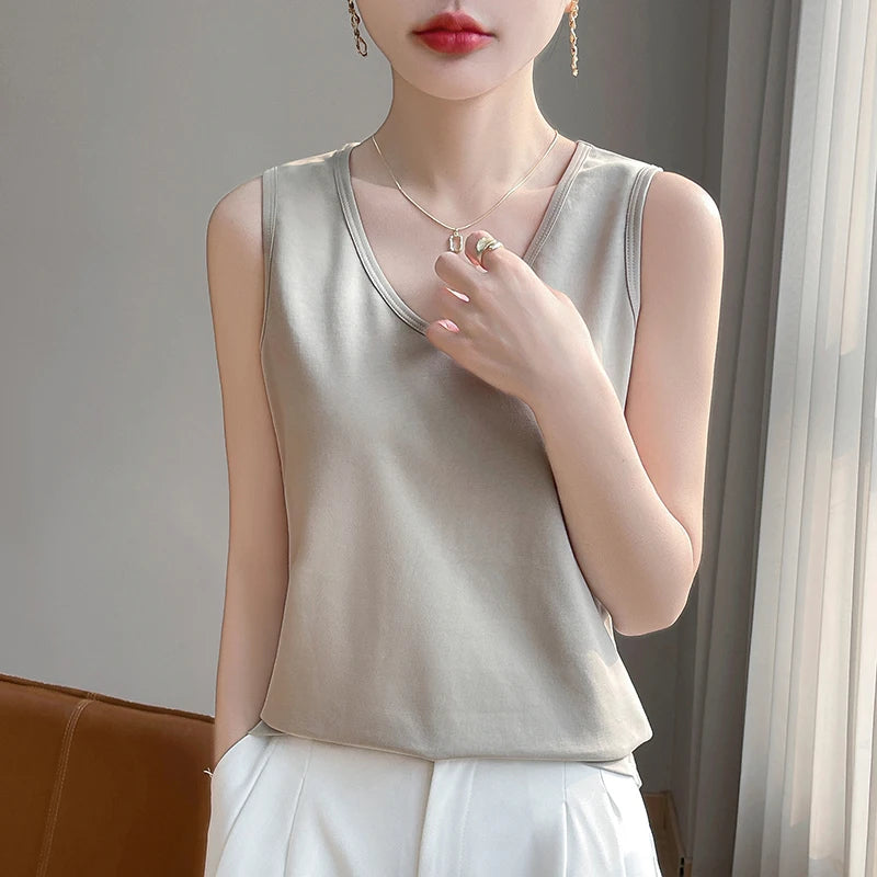 Summer New Cotton V-neck Camisole Women's Wide Shoulder Strap Bottoming Shirt Sleeveless Mercerized Cotton T-shirt