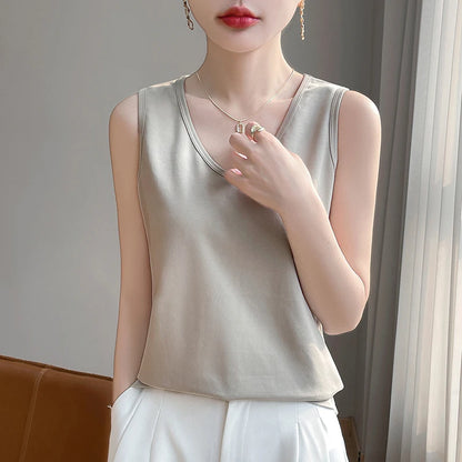 Summer New Cotton V-neck Camisole Women's Wide Shoulder Strap Bottoming Shirt Sleeveless Mercerized Cotton T-shirt