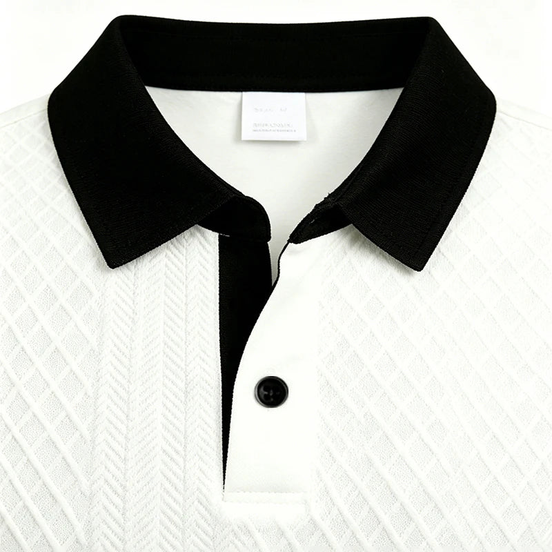 2026 Summer Men's Jacquard Knit Polo Shirt Contrast Collar Short Sleeve Loose Fit Soft Breathable Casual Sport Daily Wear Tops