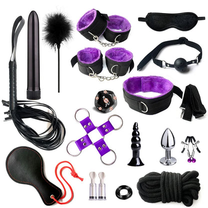 Sex Bondage Set Plush Sex Toy BDSM Kits for Women Couples Adult Games Adjustable Handcuffs Ankle Whip Gag Nipple Clamps Toys