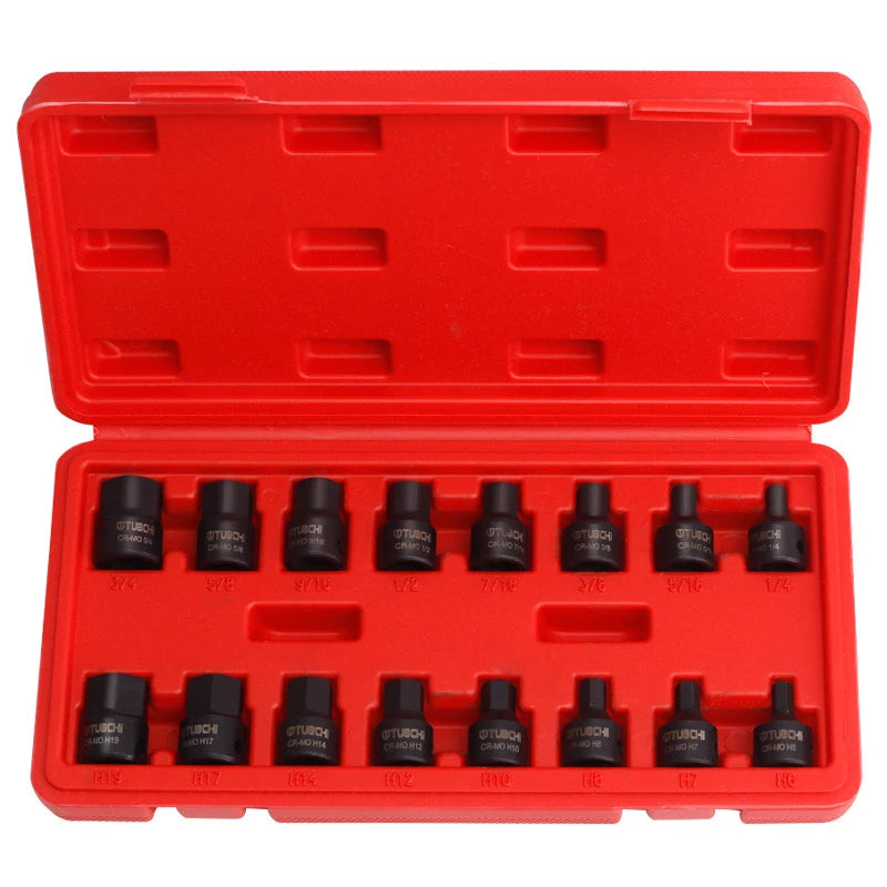 3/8 Inch Drive Low Profile Impact Hex Driver Set SAE/Metric 1/4-3/4 Inch 6-19mm Cr-Mo Steel One-Piece Construction Hand Tool