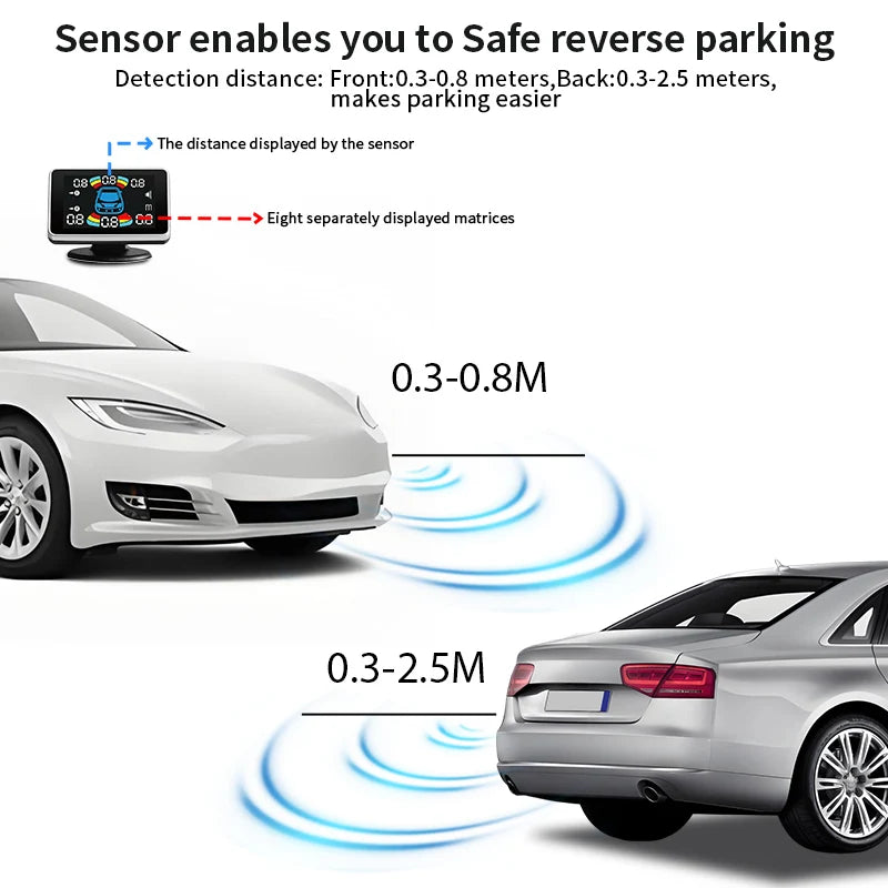 16.5mm 8 Parking Sensor LCD Display Voice Prompt Multi-Language 0.3-2.5M Detect Waterproof Car Reversing Radar