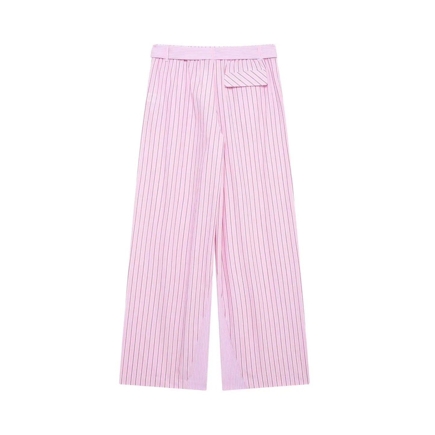 HH Women Striped Pants Suit Lapel Pocket Single-breasted Blouse+Side Zipper Lace Short Top+High Waist With Belt Poplin Pant