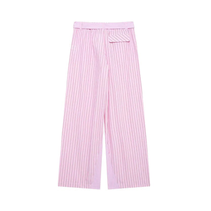 HH Women Striped Pants Suit Lapel Pocket Single-breasted Blouse+Side Zipper Lace Short Top+High Waist With Belt Poplin Pant