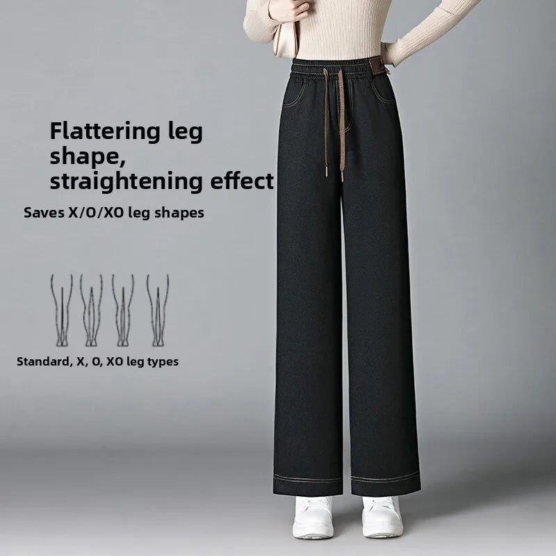 High Waist Fleece Lined Thick Wide Leg Jeans Women's Casual Straight Leg Pants Autumn Winter Loose Fit Comfortable Trousers
