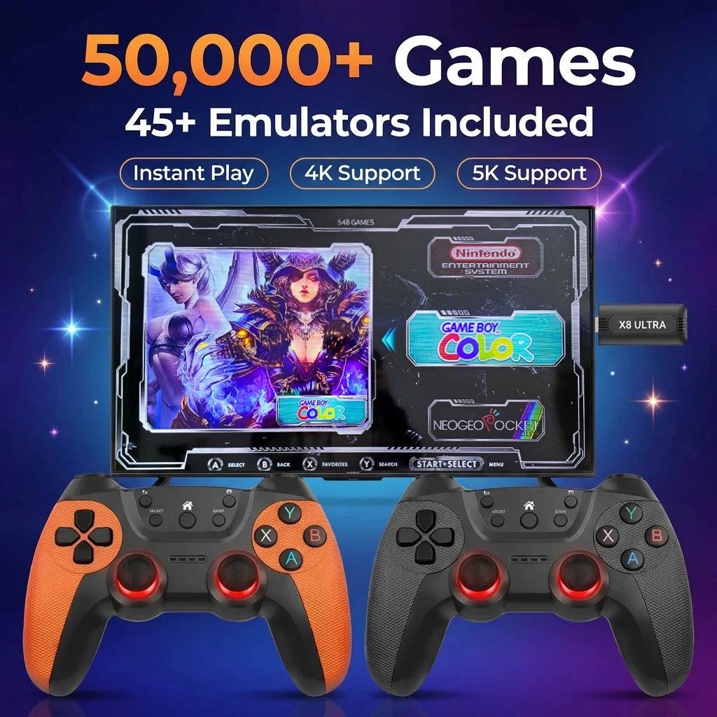 The X8 ULTRA retro video game console comes pre-installed with 50,000 games and plug-and-play PS1/N64/PSP emulators.