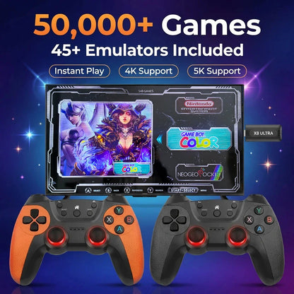 The X8 ULTRA retro video game console comes pre-installed with 50,000 games and plug-and-play PS1/N64/PSP emulators.