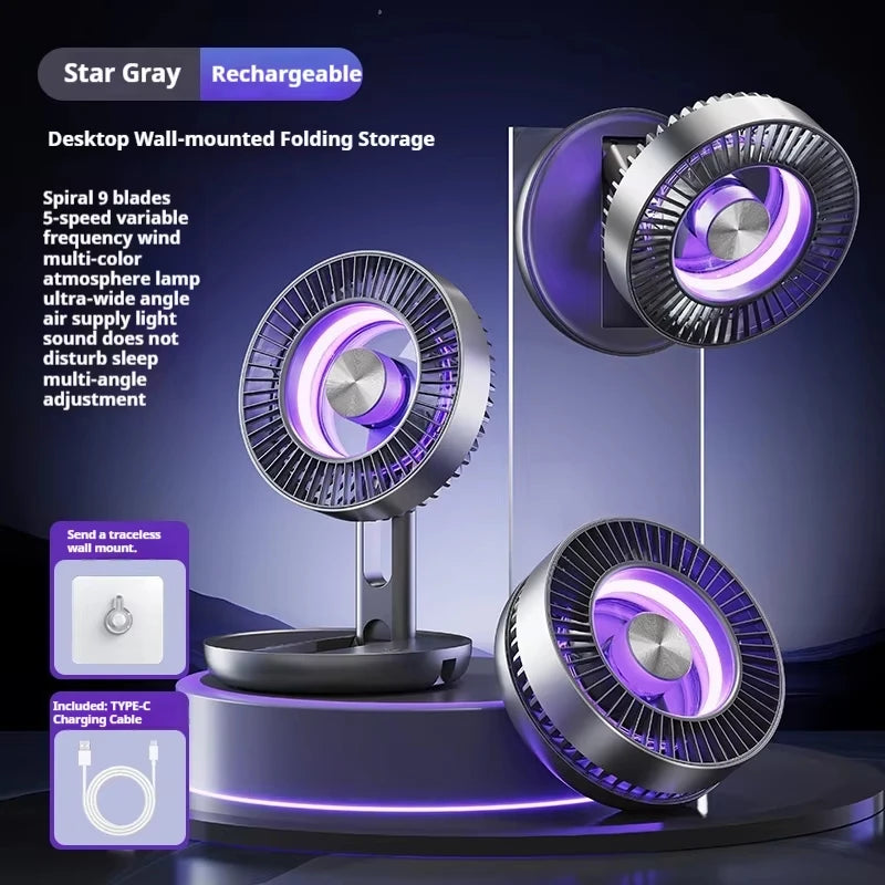 Foldable Air Circulation Fan Rechargeable Desk Fan Wall Mounted 5 Speed LED Ambient Light for Home Office