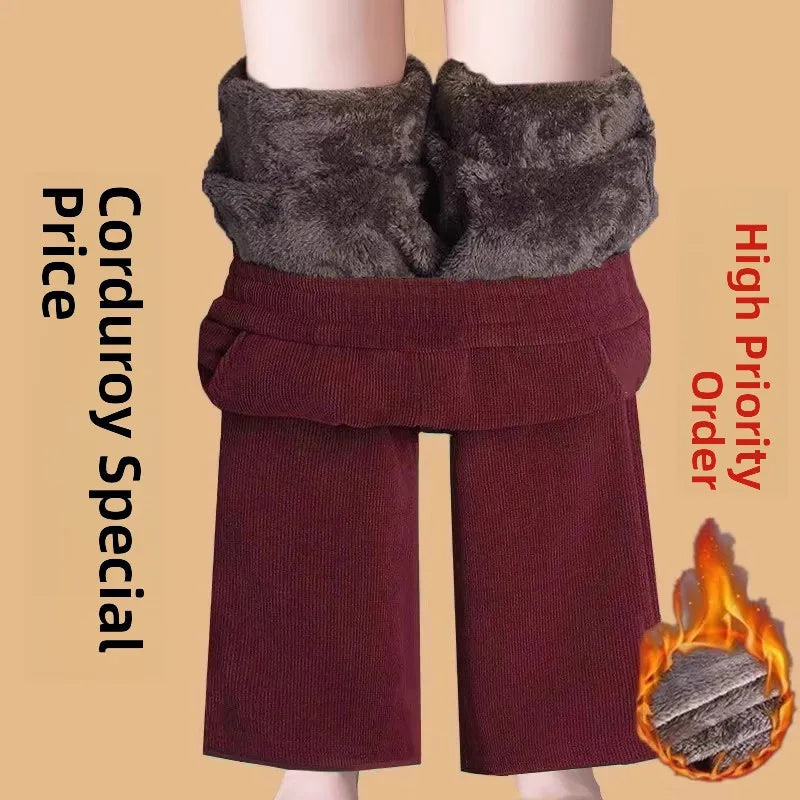Thickened Fleece Lined Corduroy Straight Leg Casual Pants Women's High Waist Elastic Waist Warm Trousers Autumn Winter New Style