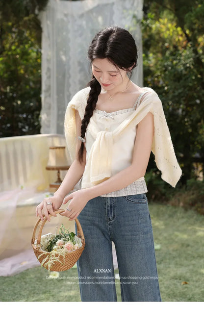 ALXNAN Cream Yellow Plaid Spliced Camisole Women 2026 Summer Elegant Sweet Beach Sleeveless Tops Casual Bow Design Camis L62323