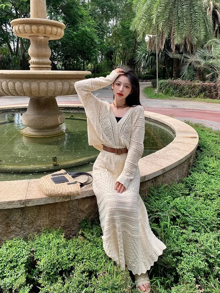 Kumikumi Lazy Style Hollow out Knitted Cardigan Jacket Women's High Waist  Skirt Fashion Set Spring 2025 Acrylic Fabric