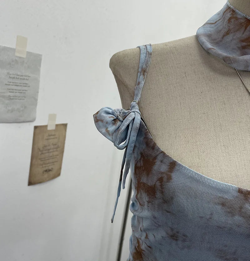 Women's Vintage Tie-dye Printed Mesh Spaghetti Strap Camisole Hot Girl Irregular Ruffled Ribbon Sleeveless Top Partyclub 1185