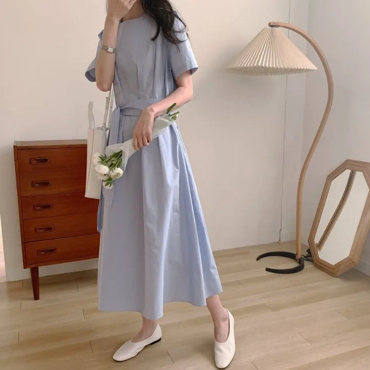 Elegant Pure Color Slim Fit Dress with Belt High Waist Spring Summer Autumn Short Sleeve Casual High Waist Skirt