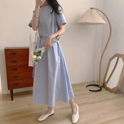 Elegant Pure Color Slim Fit Dress with Belt High Waist Spring Summer Autumn Short Sleeve Casual High Waist Skirt