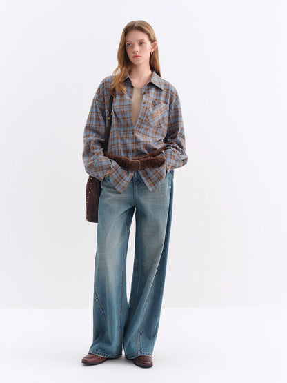 FSLE Brushed Plaid Shirt Women's Winter 2025 New Long Sleeve Plaid Retro Embroidery Shirt Classic Leisure Loose Tops