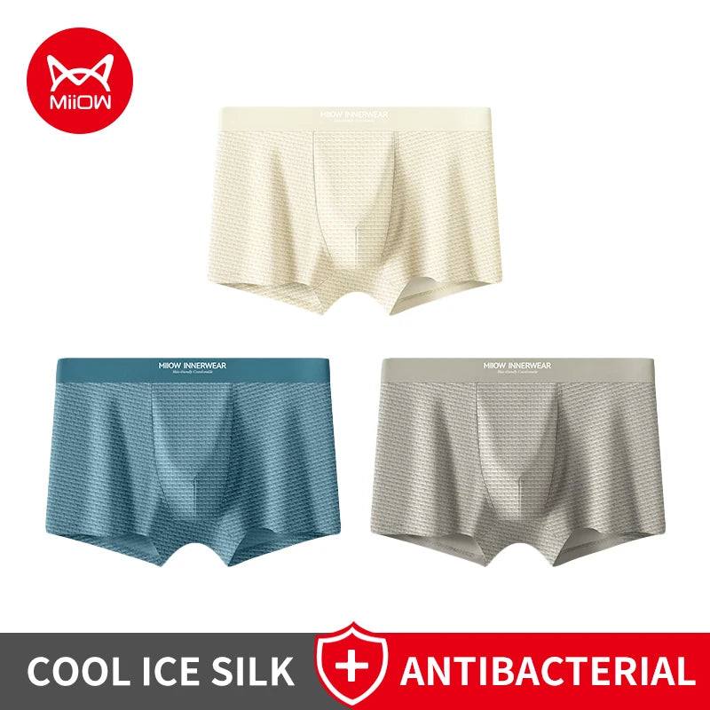 MiiOW 3Pcs Jacquard Ice Silk Men Boxer Briefs 10A Antibacterial Men's Panties Breathable Underwear Softness Man Boxer Underpants