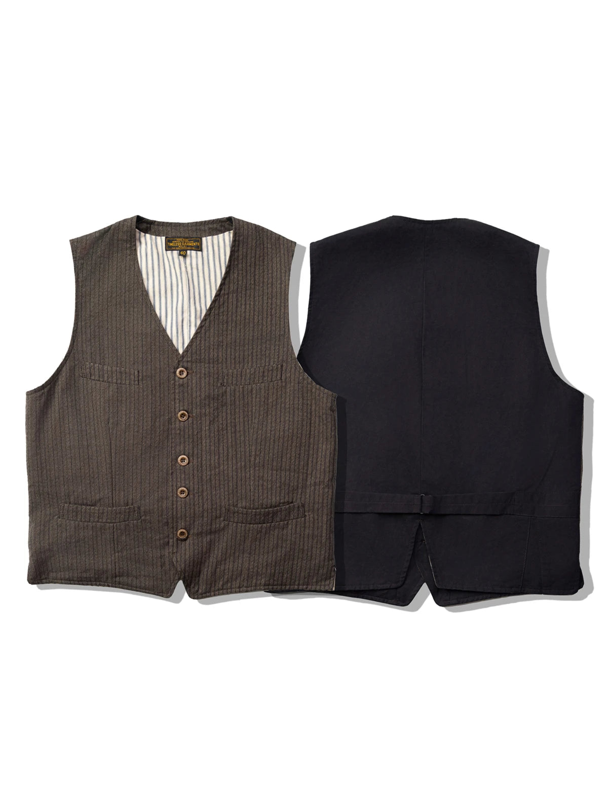 Red Tornado 1920s Salt & Pepper Striped Work Vest Vintage Americana Style Men's Four-Pocket Waistcoat Brown