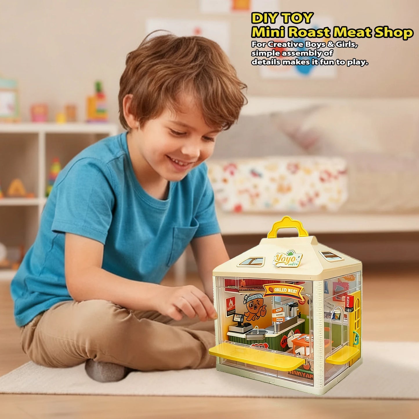 Micro Model Mini Dollhouse Playset with Light, Portable Grill Shop & Beauty Store Pretend Play Toy for Kids, Ideal Birthday Chri
