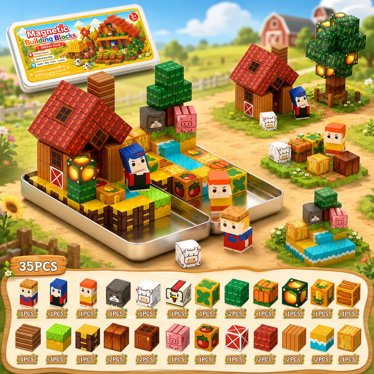 Magnetic Building Blocks Magnet World Magnetic Farm Style Tin Box Construction Brick Cube STEM Boy Girl Children Toy Set Gift