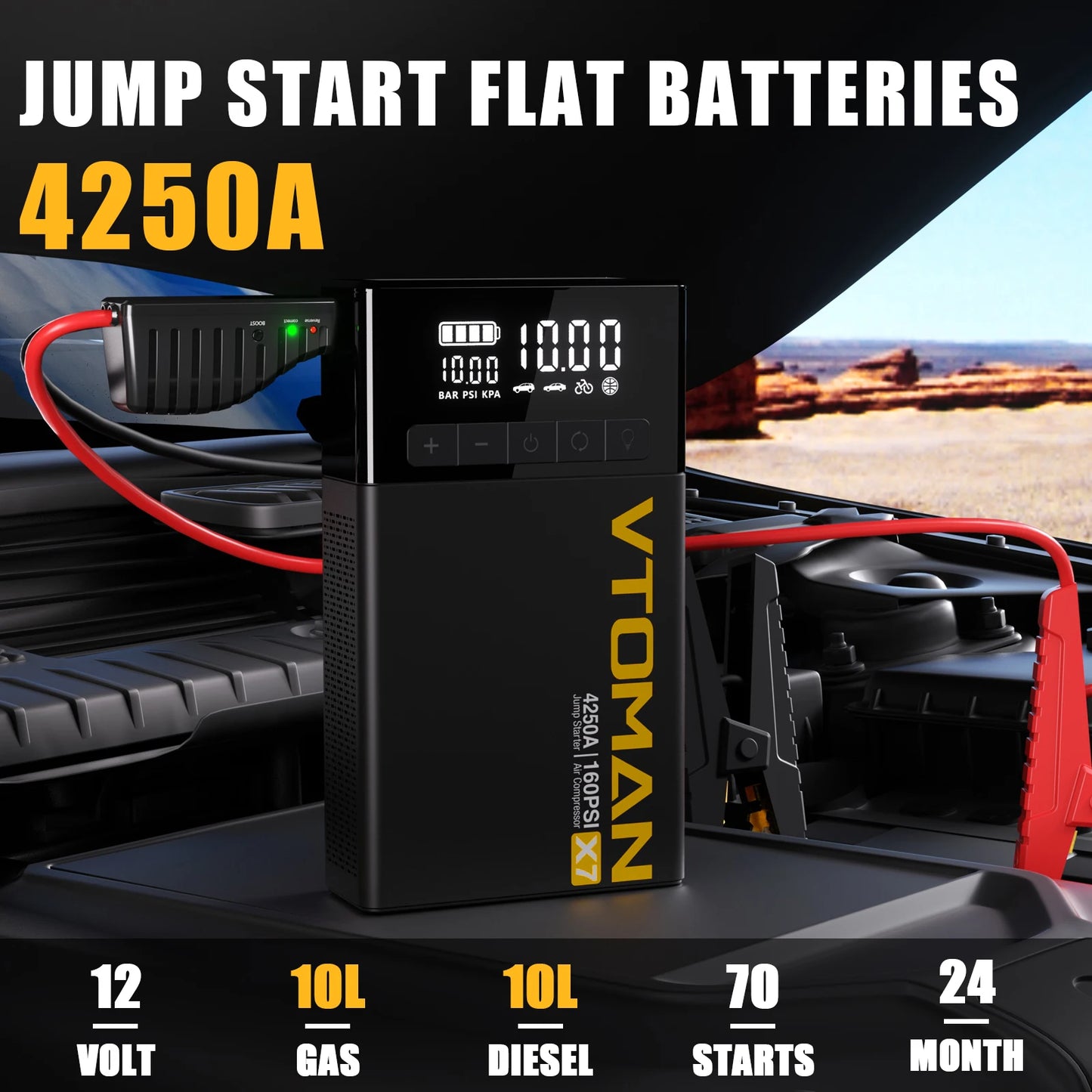 VTOMAN X7 Car Jump Starter 4250A Car Power Bank 4 In 1 with Air Compressor Car Starter Booster for 12V 10L Gas/Diesel