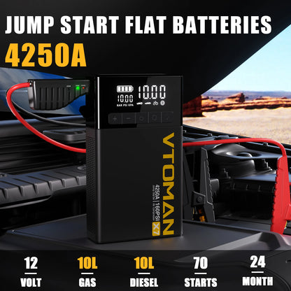 VTOMAN X7 Car Jump Starter 4250A Car Power Bank 4 In 1 with Air Compressor Car Starter Booster for 12V 10L Gas/Diesel