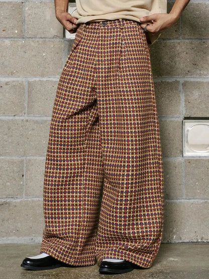 2026 SS Jacquard Plaid Woven Men Pants, Pleated Design, Zipper Fly, Cross Pockets,Loose Straight Wide Leg Commuter Suit Pants