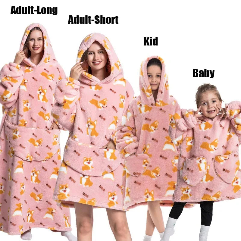Halloween Family Matching Blanket Hoodies Women Cartoon Bear Dinosaur Sweatshirts Adult Oversized Warm Pullover Winter Clothes