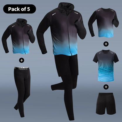 5-Piece Men's Quick-drying Sports Suit Fitness Running Tight Elastic Trousers With Cap Gradient Coat Round Neck Casual T-shirt