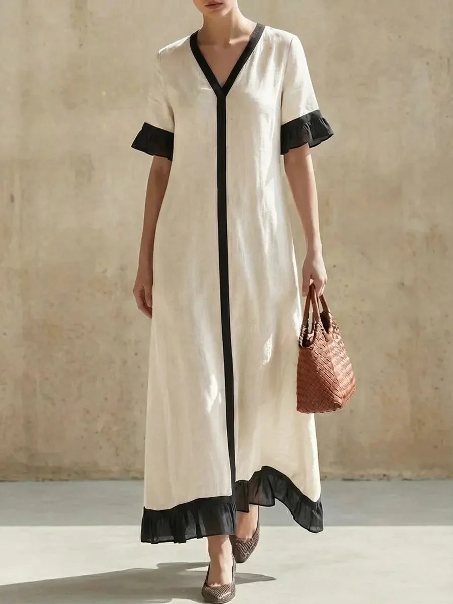 Summer Women Color Block V-Neck Short Sleeve Dress Loose Fit Long Maxi Dress Elegant Casual Beach Outfit