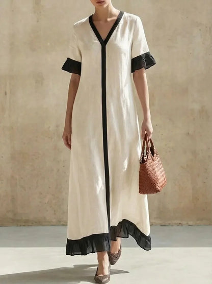 Summer Women Color Block V-Neck Short Sleeve Dress Loose Fit Long Maxi Dress Elegant Casual Beach Outfit