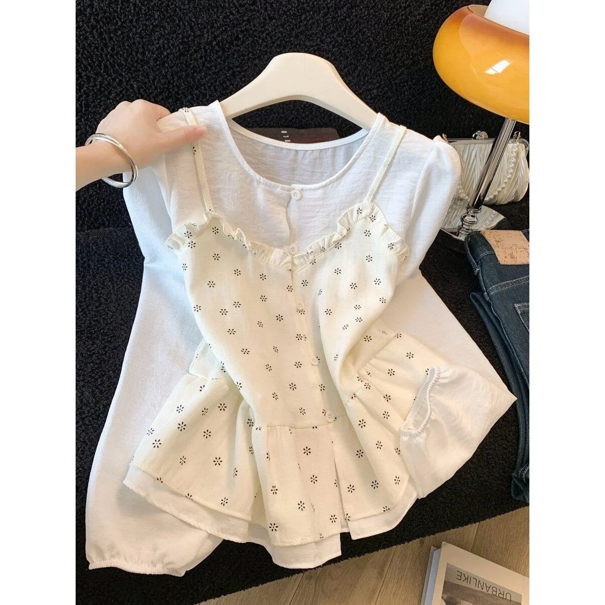 Floral round Neck Shirt Women's 2026 New Spring Design Color Block Fake Two-Piece Layering Long Sleeve Top Polyester Fiber