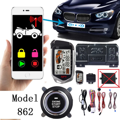 Germany Spy Bluetooth APP Two Way Car Alarm System Engine Start 2 LCD Remote 5000M Push Button Security Keyless Entry PKE 862