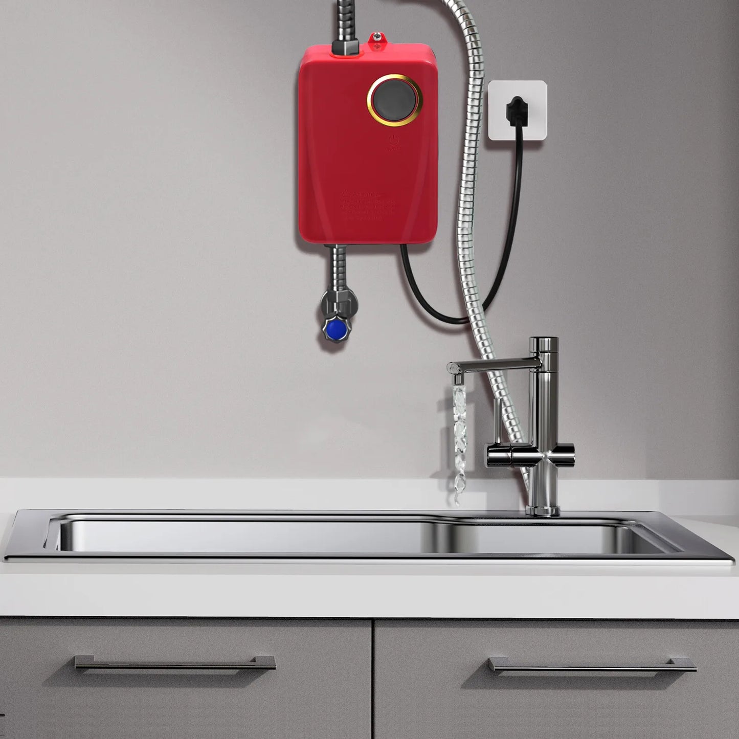110V 3000W Stainless Steel Mini Water Heater XY-FA Red US Plug Instant Hot Water for Kitchen Bathroom